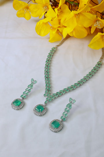 Korean Glass Stone Jewelry Necklace Set Green | Rhodium Plated Jewelry with Earrings