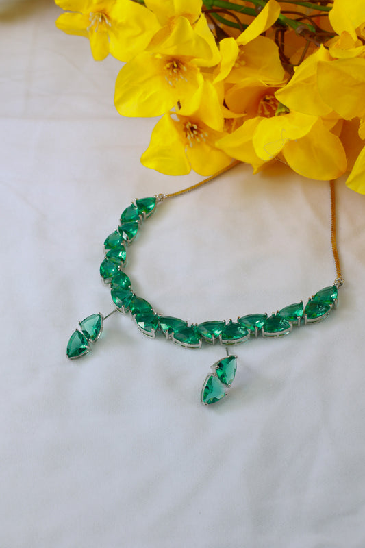 Korean Green Glass Stone Jewelry Necklace Set | Rhodium Plated Elegant Jewelry with Earrings