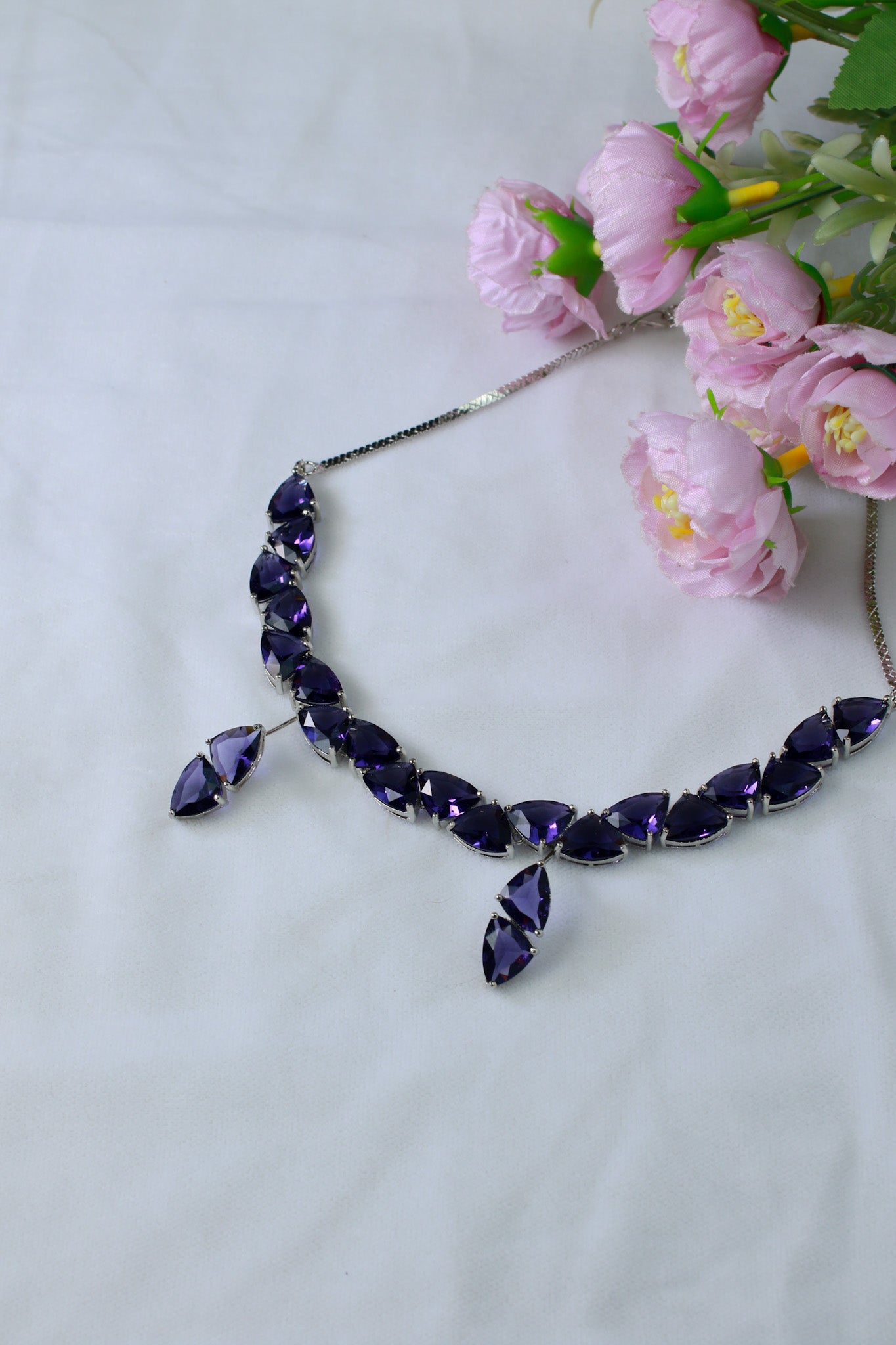 Korean Purple Glass Stone Jewelry Necklace Set | Rhodium Plated Elegant Minimal Jewelry with Earrings