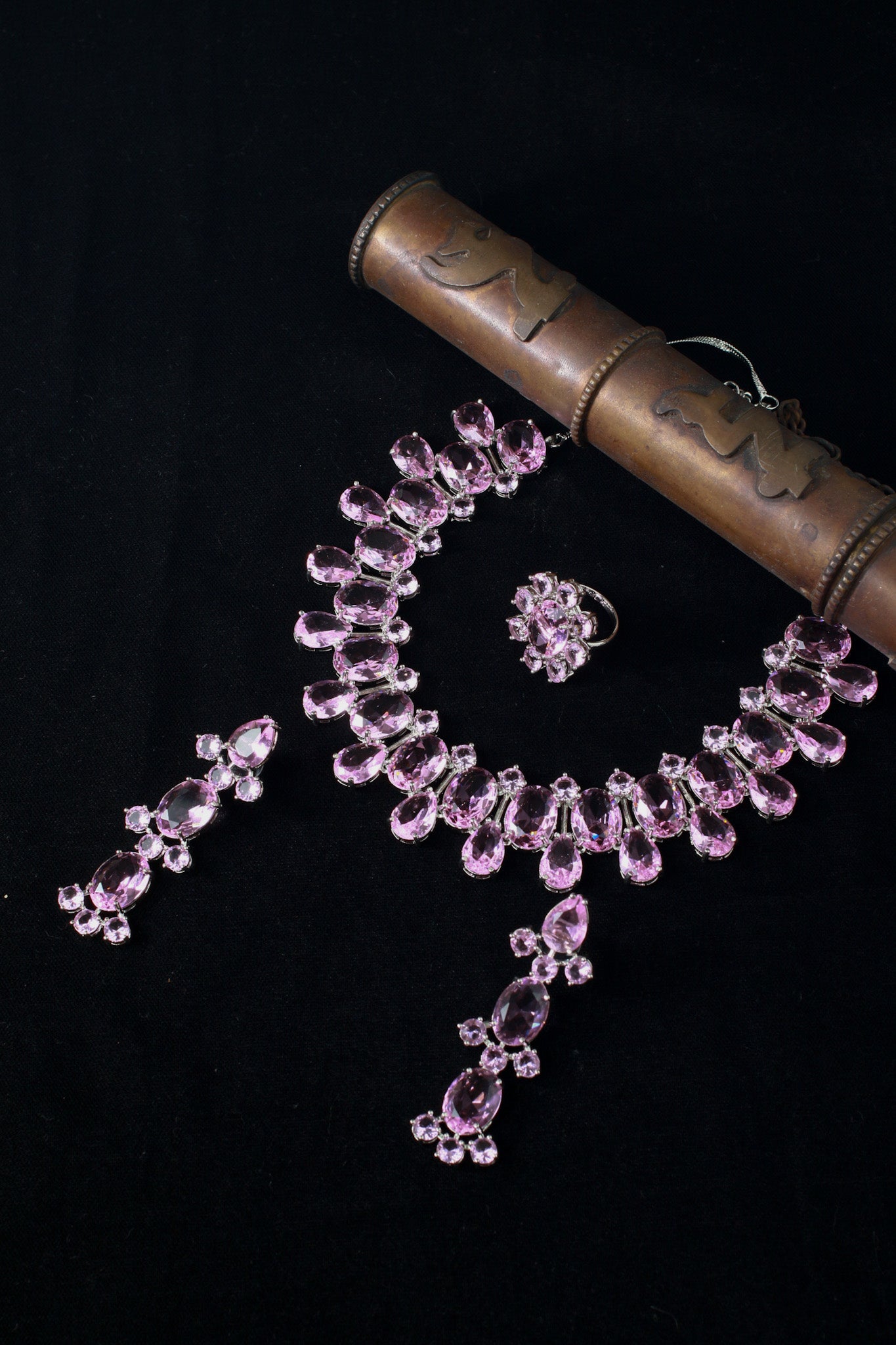 Korean Pink Oval Glass Stone Glass & AD Stone Necklace Set | Rhodium Plated Luxury Bridal Jewelry with Earrings