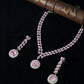 Korean Pink Glass Stone Jewelry Necklace Set | Rhodium Plated Party Wear Jewelry with Earrings