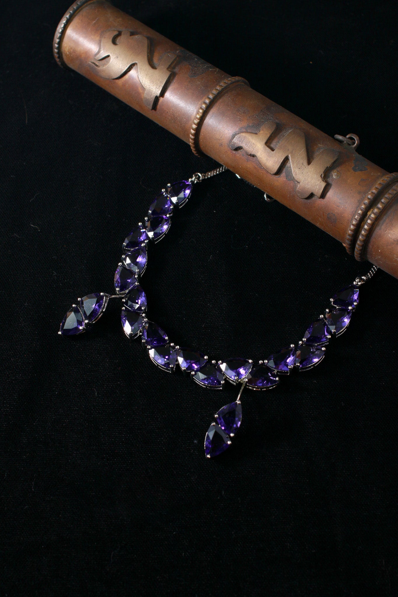 Korean Purple Glass Stone Jewelry Necklace Set | Rhodium Plated Elegant Minimal Jewelry with Earrings