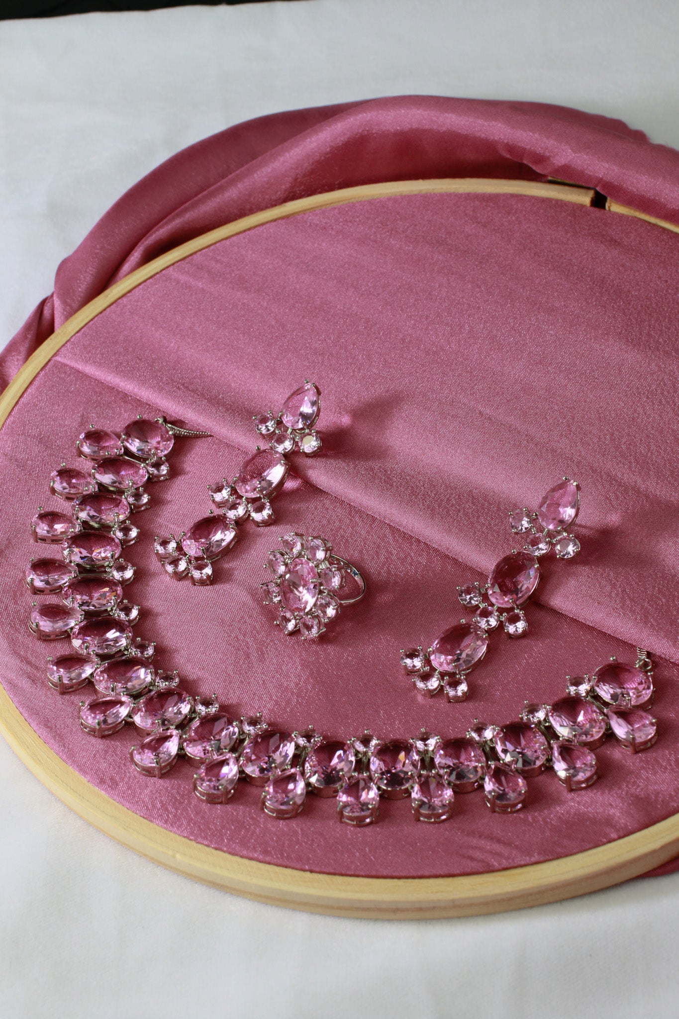 Korean Pink Oval Glass Stone Glass & AD Stone Necklace Set | Rhodium Plated Luxury Bridal Jewelry with Earrings