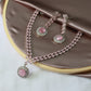 Korean Pink Glass Stone Jewelry Necklace Set | Rhodium Plated Party Wear Jewelry with Earrings