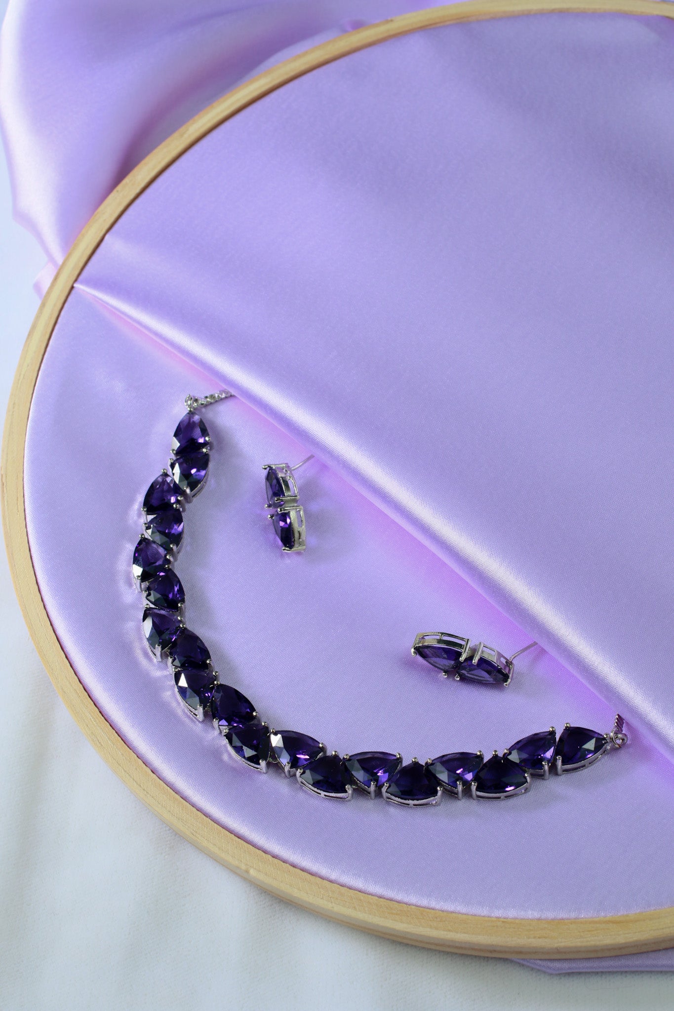 Korean Purple Glass Stone Jewelry Necklace Set | Rhodium Plated Elegant Minimal Jewelry with Earrings