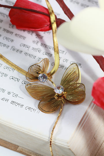 Butterfly Pendant Necklace – Gold Plated with CZ Stone, Anti-Tarnish