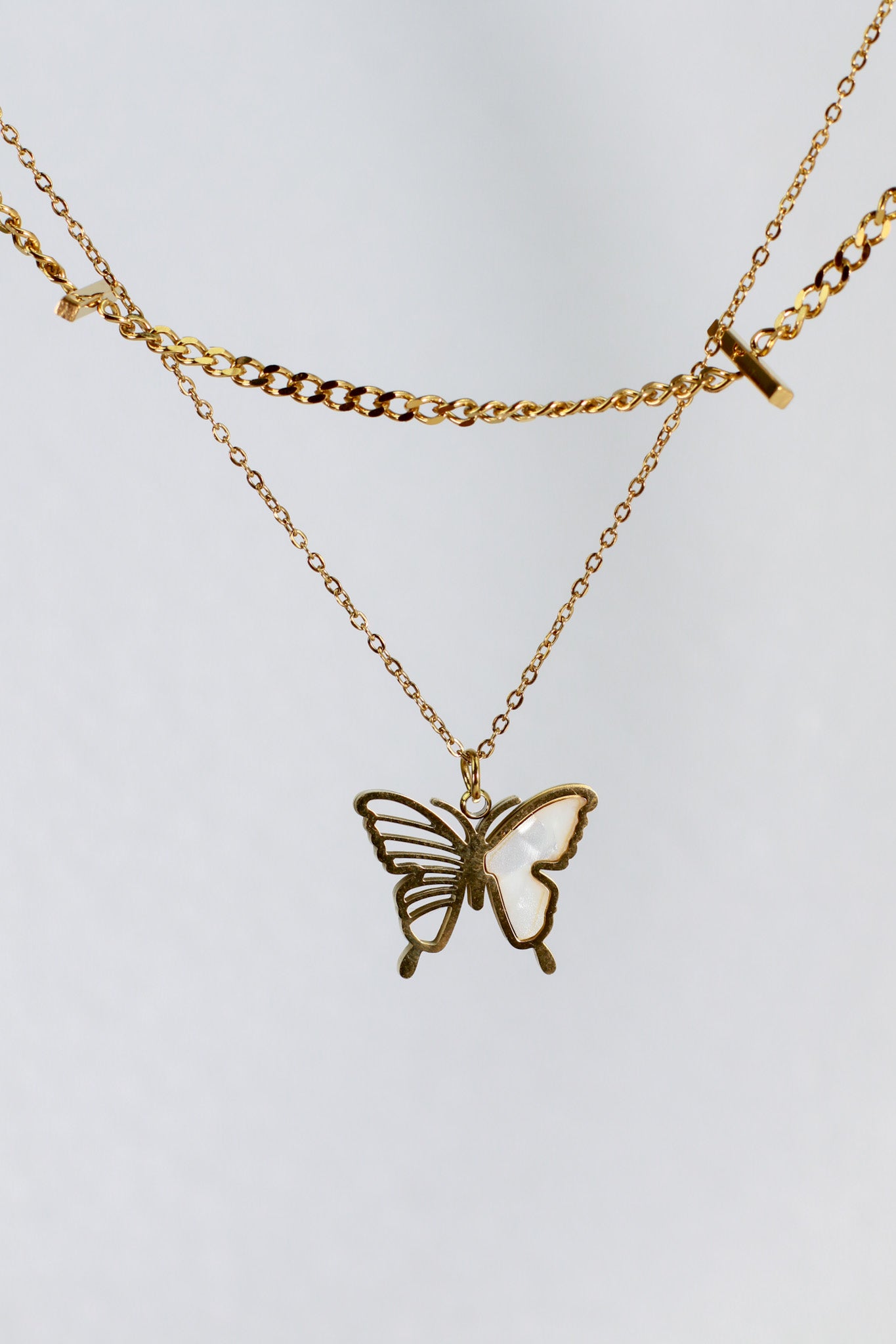 Layered Butterfly Pendant Necklace – Dual Chain Gold Plated Design