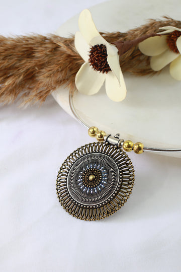 Dual Tone German Silver Hasli/Hansli Necklace – Antique mandala filigree pendant Oxidised Hansuli Choker for Women