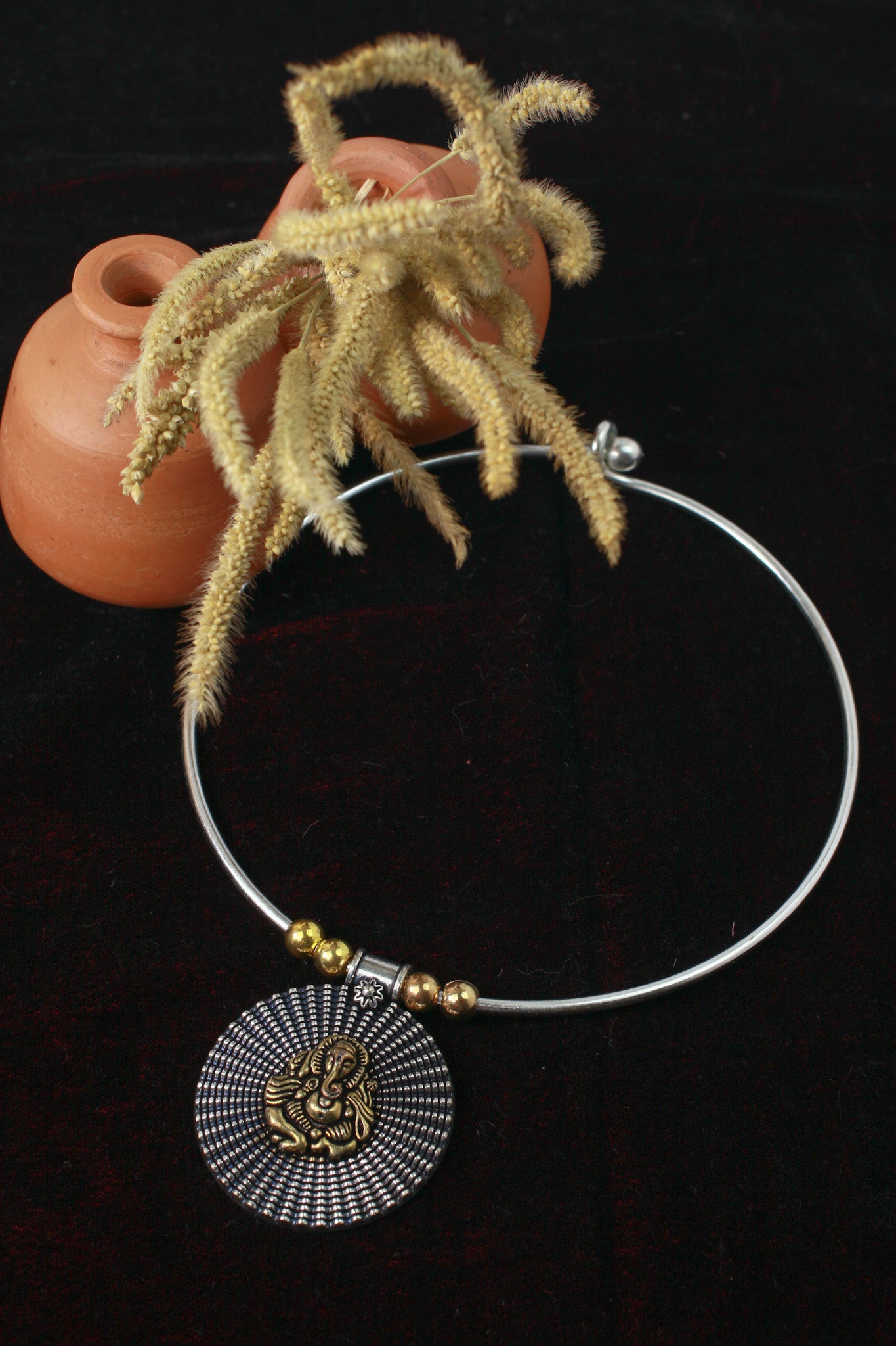 Dual Tone German Silver Hasli/Hansli Necklace – Ganesha medallion pendant Oxidised Hansuli Choker for Women