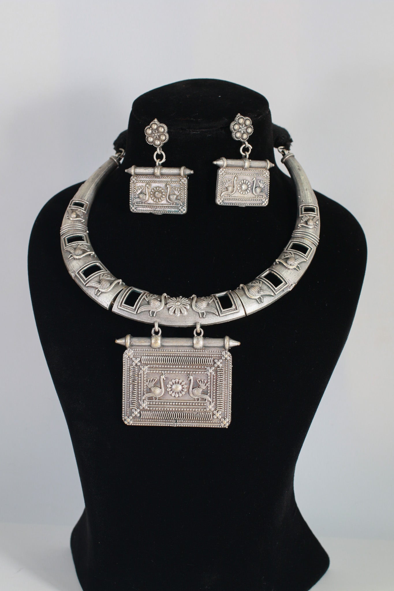 German Silver Oxidised Temple Necklace with Earrings (Rectangular Pendant)