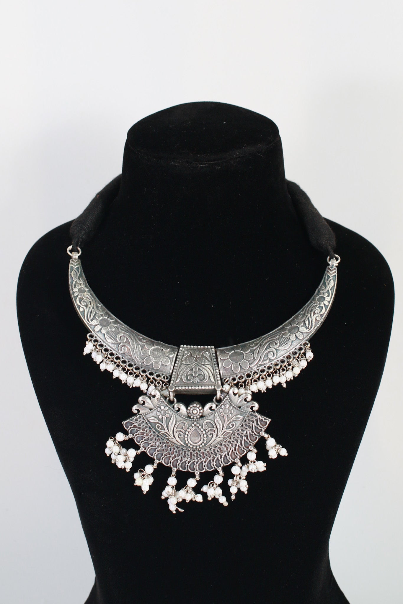 German Silver Oxidised Engraved Necklace (Only Necklace)