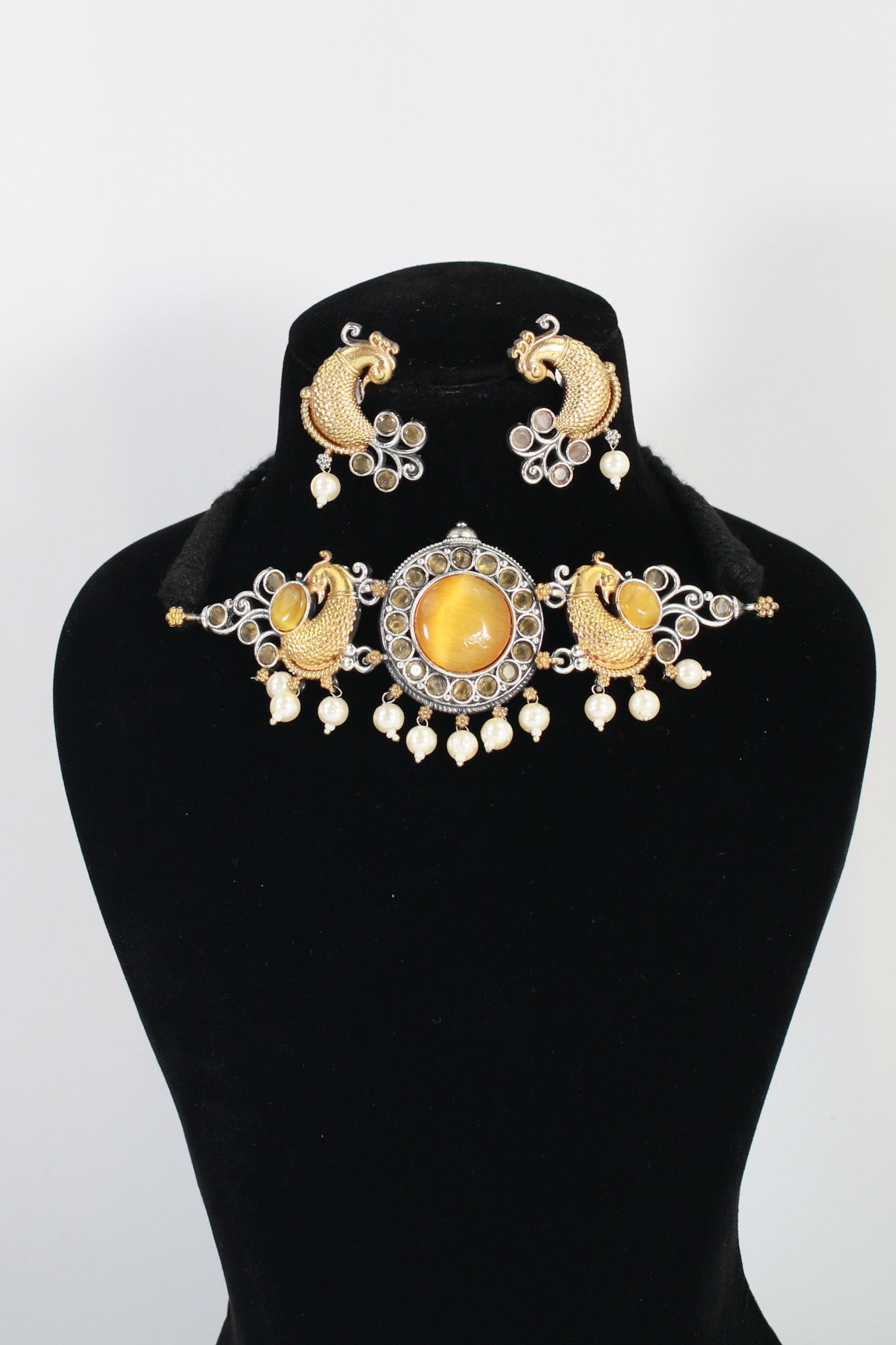 German Silver Gold-Tone Temple Jewellery Set with Earrings (Peacock Motif)