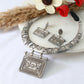 German Silver Oxidised Temple Necklace with Earrings (Rectangular Pendant)