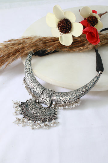 German Silver Oxidised Engraved Necklace (Only Necklace)