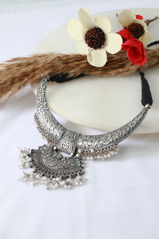 German Silver Oxidised Engraved Necklace (Only Necklace)