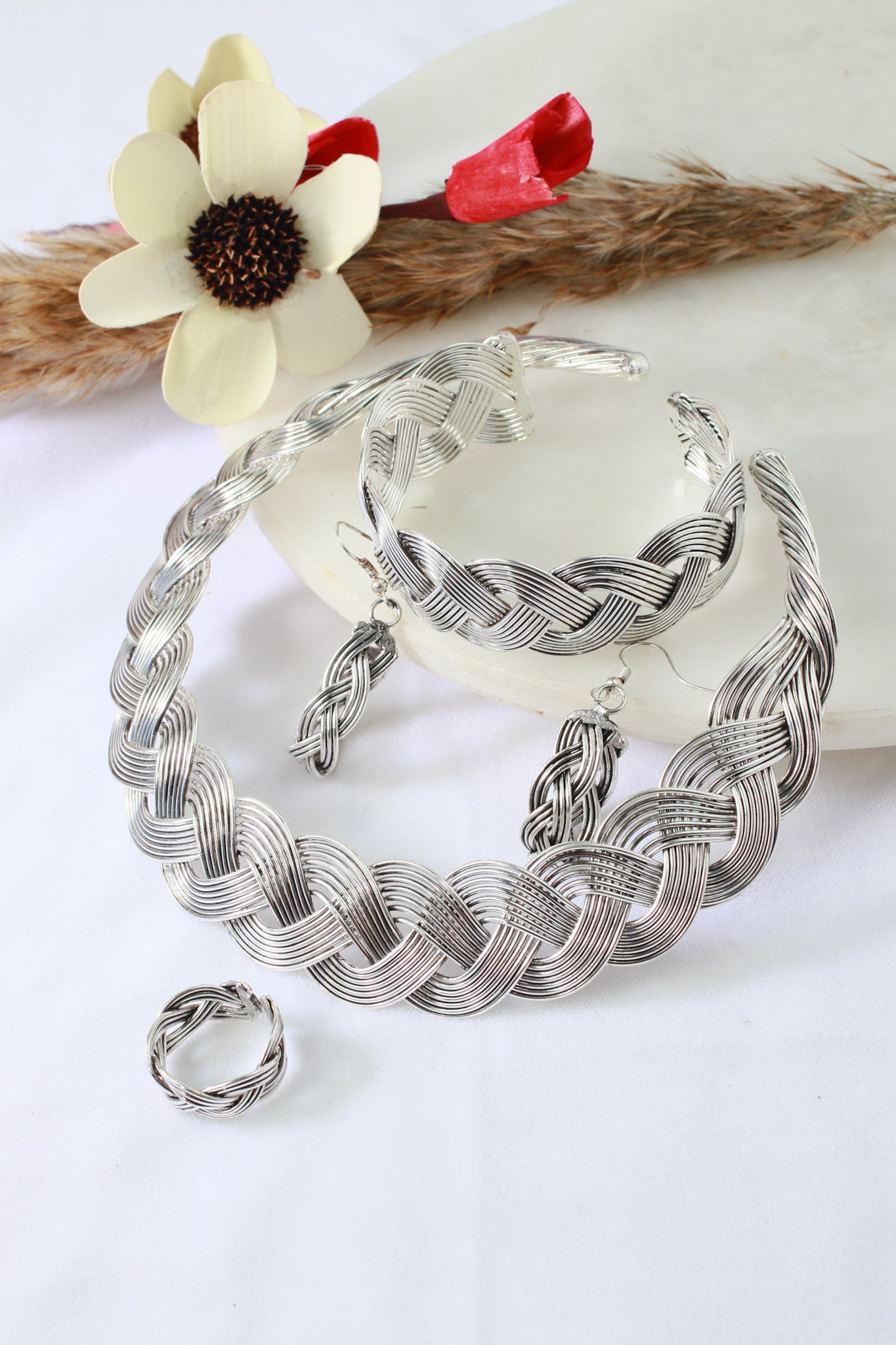 German Silver Oxidised Braided Jewellery Set (Necklace, Bracelet, Earrings, Ring)