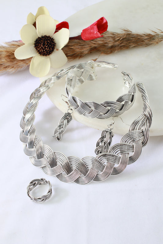 German Silver Oxidised Braided Jewellery Set (Necklace, Bracelet, Earrings, Ring)