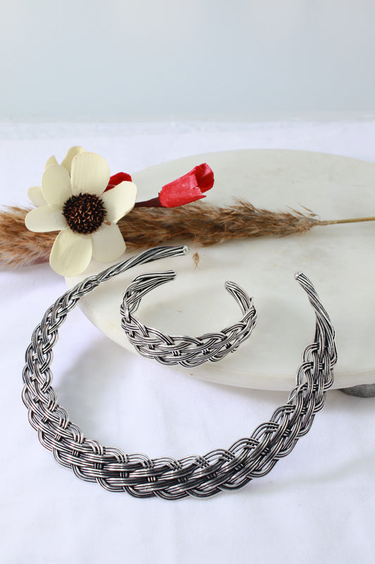 German Silver Braided Oxidised Necklace with Matching Bracelet