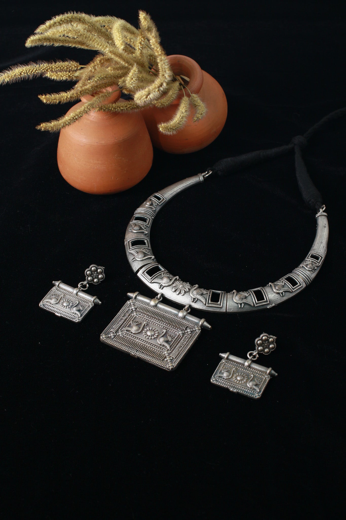 German Silver Oxidised Temple Necklace with Earrings (Rectangular Pendant)