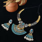 Dual Tone German Silver Temple Necklace with Blue Stones & Earrings – Oxidised Gold & Silver Festival Jewellery