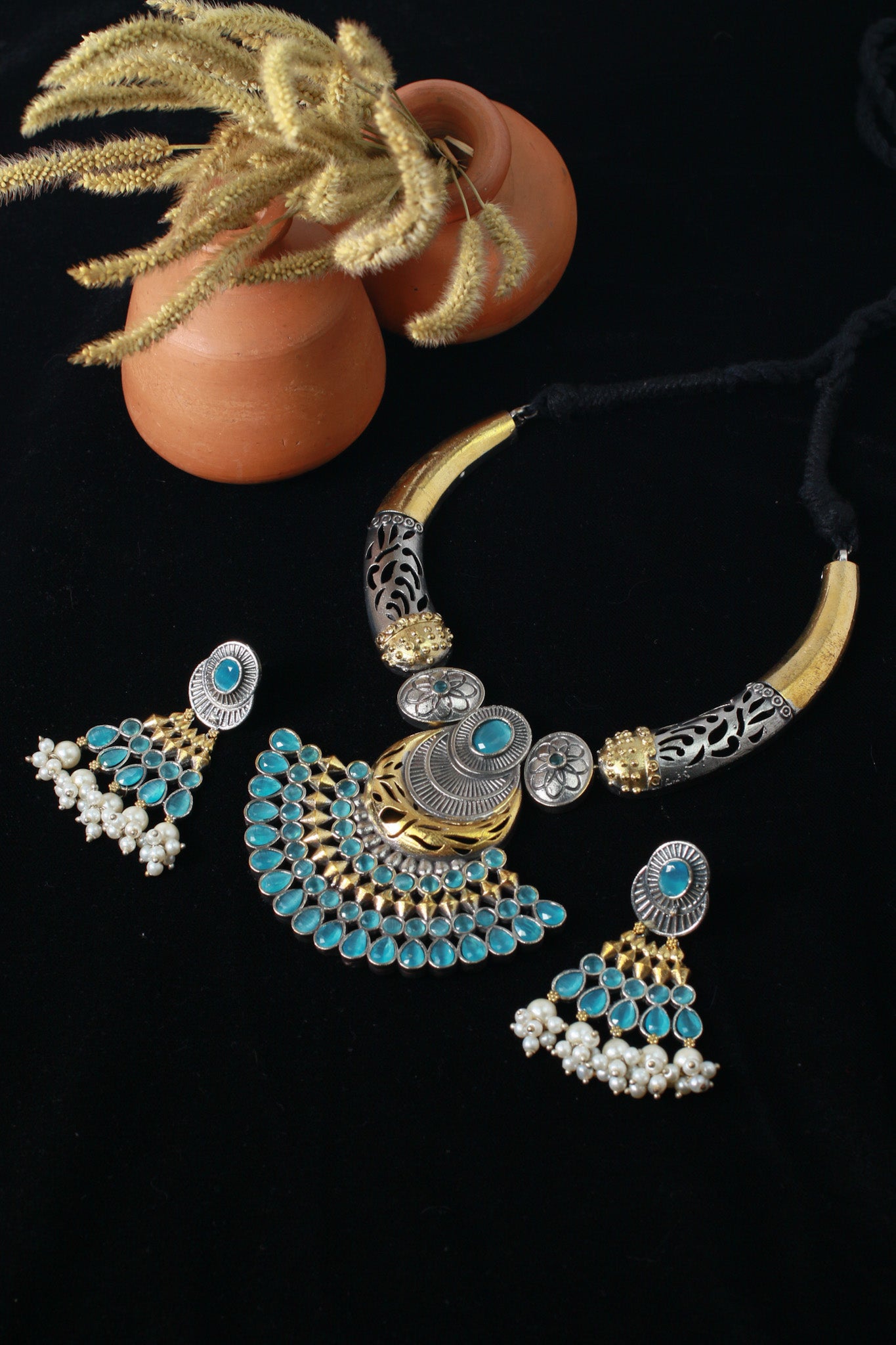 Dual Tone German Silver Temple Necklace with Blue Stones & Earrings – Oxidised Gold & Silver Festival Jewellery