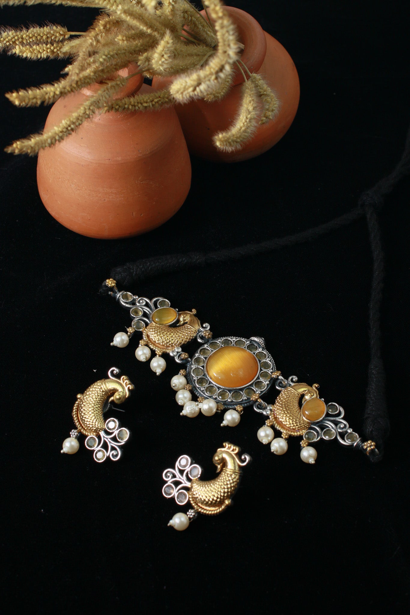 German Silver Gold-Tone Temple Jewellery Set with Earrings (Peacock Motif)