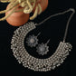 German Silver Oxidised Floral Layered Necklace with Hanging Beads & Earrings – Traditional Boho Jewellery Set