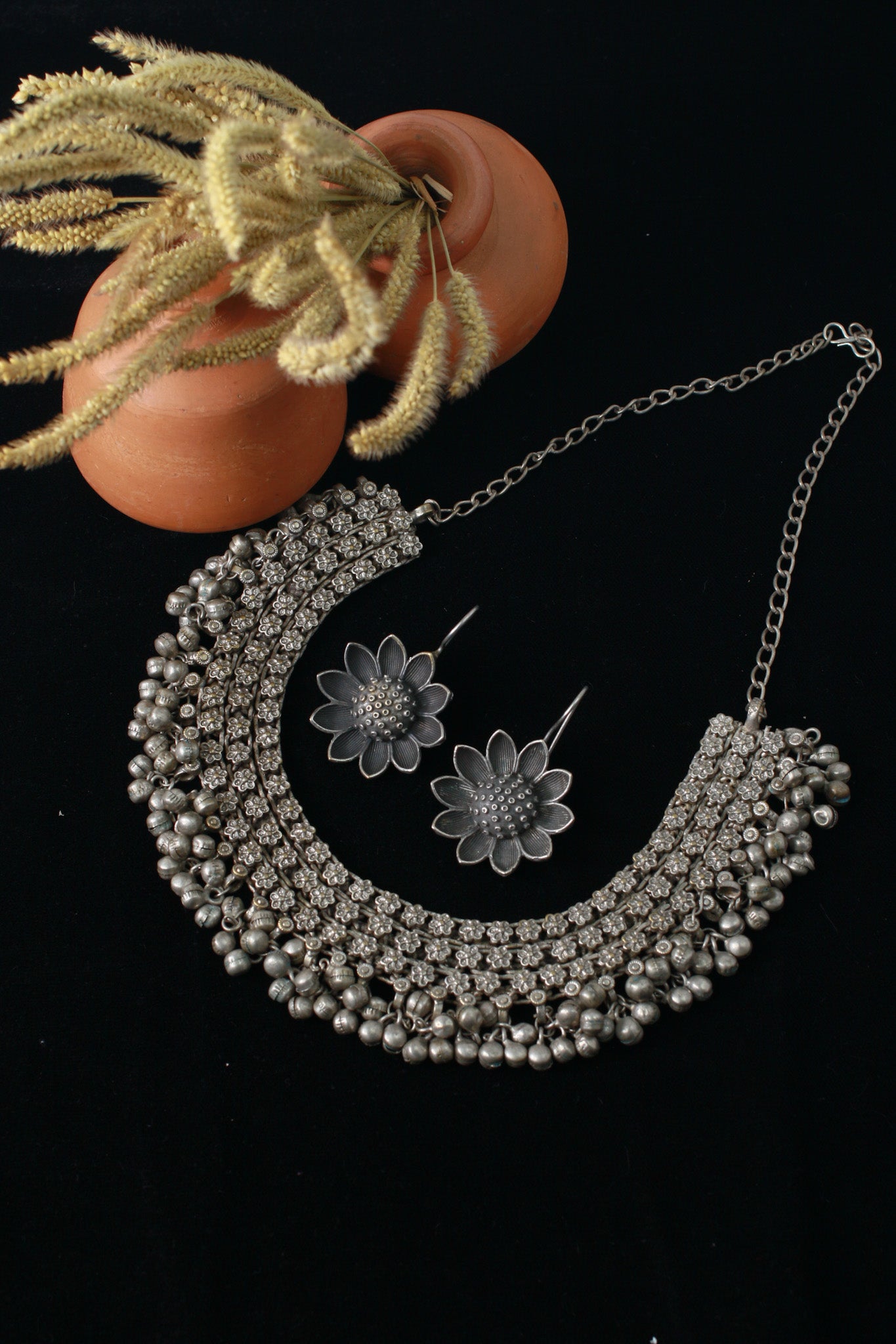 German Silver Oxidised Floral Layered Necklace with Hanging Beads & Earrings – Traditional Boho Jewellery Set