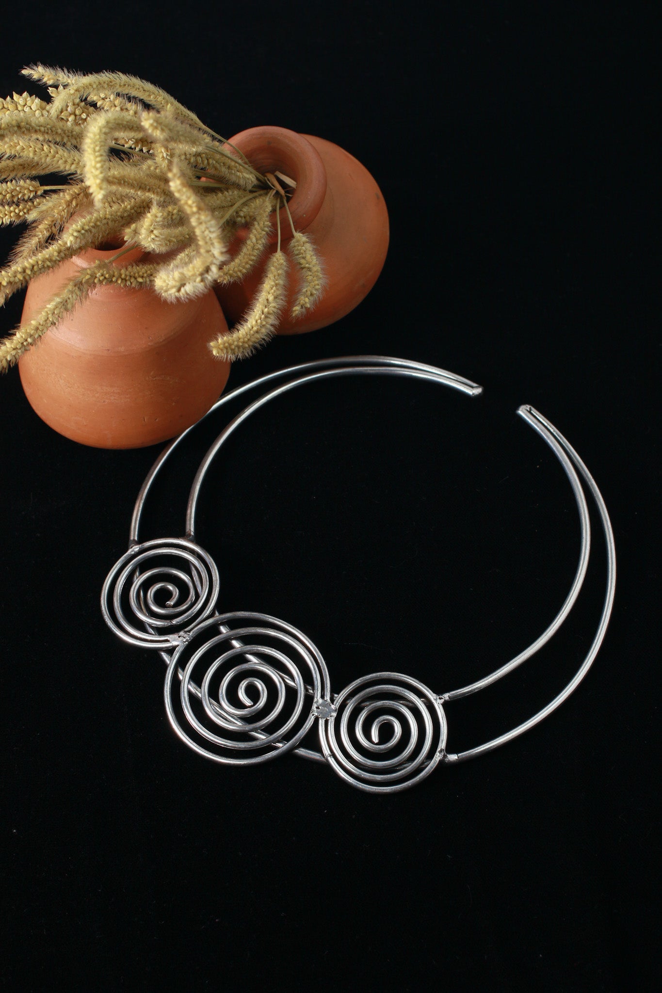 German Silver Oxidised Triple Spiral Statement Necklace (Only Necklace)