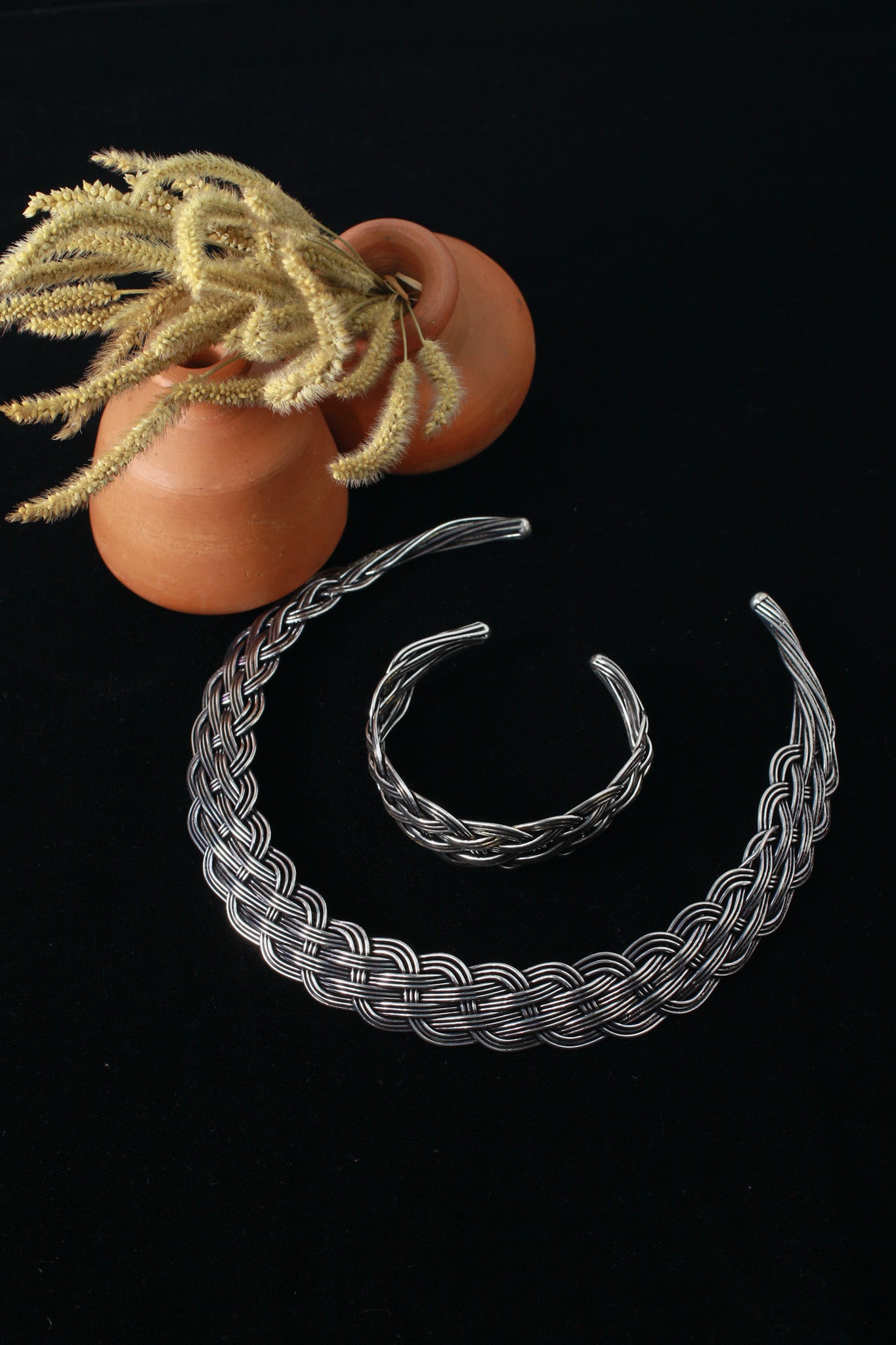 German Silver Braided Oxidised Necklace with Matching Bracelet