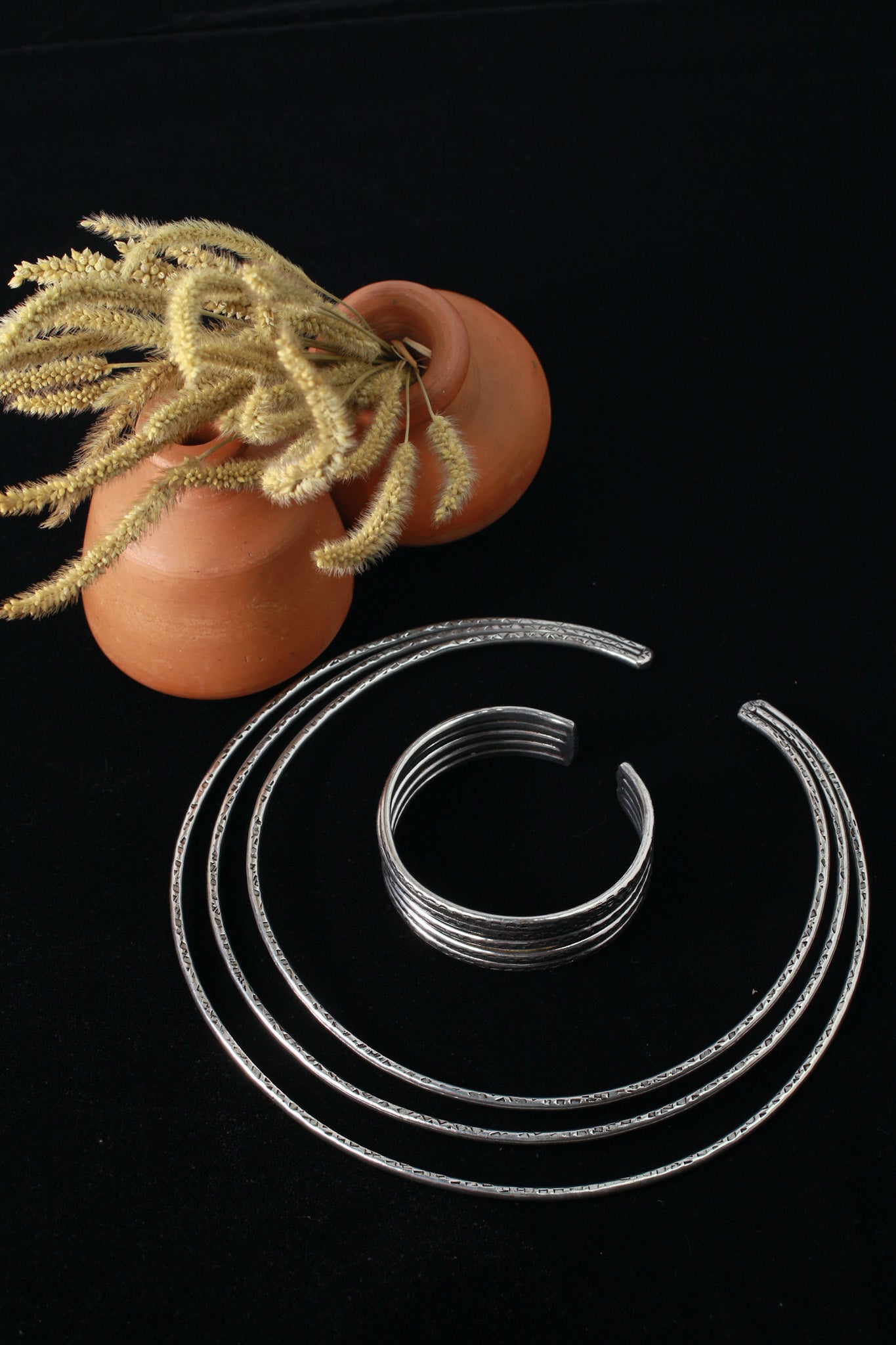 German Silver Oxidised Textured Hansli Necklace with Matching Bracelet Set