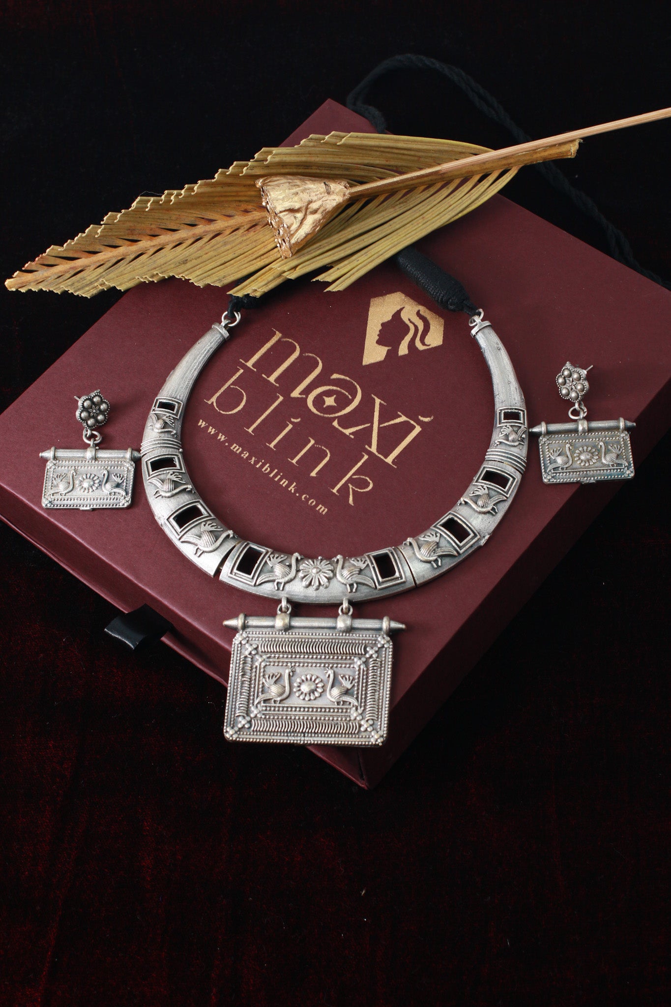 German Silver Oxidised Temple Necklace with Earrings (Rectangular Pendant)