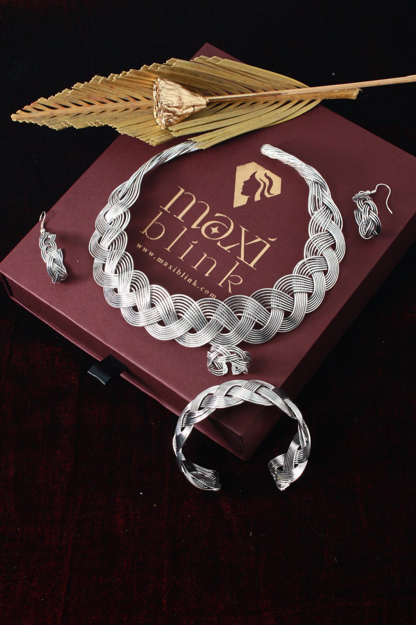 German Silver Oxidised Braided Jewellery Set (Necklace, Bracelet, Earrings, Ring)