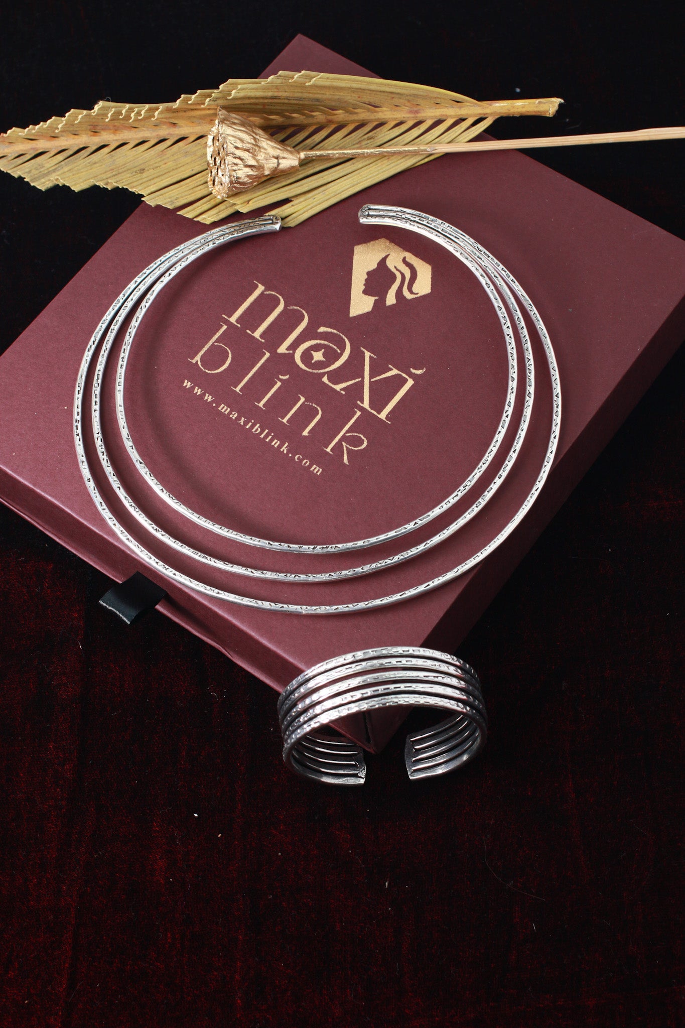 German Silver Oxidised Textured Hansli Necklace with Matching Bracelet Set