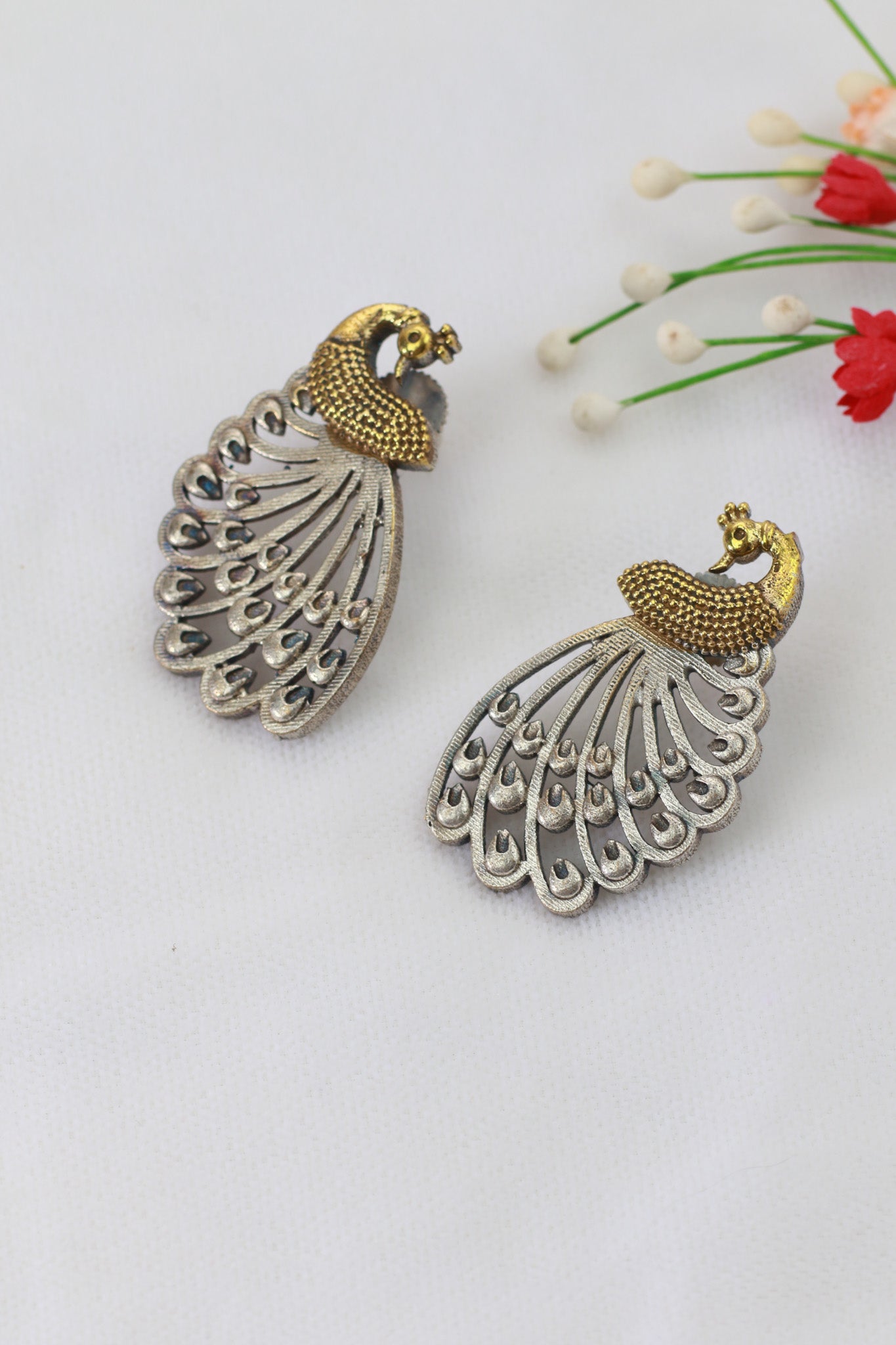 Antique Peacock Oxidised German Silver Stud Earrings – Dual Tone