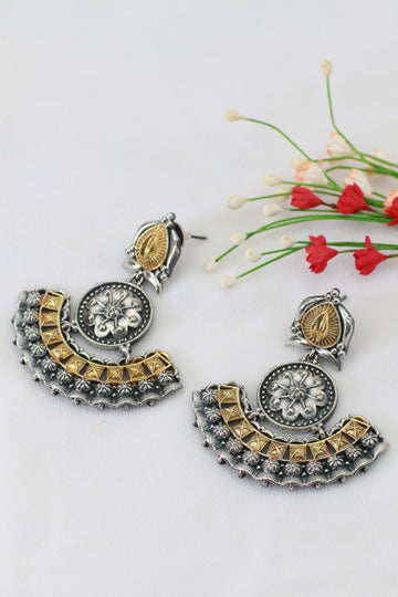 Crescent Shaped Floral German Silver Earrings – Antique Oxidised Dual Tone