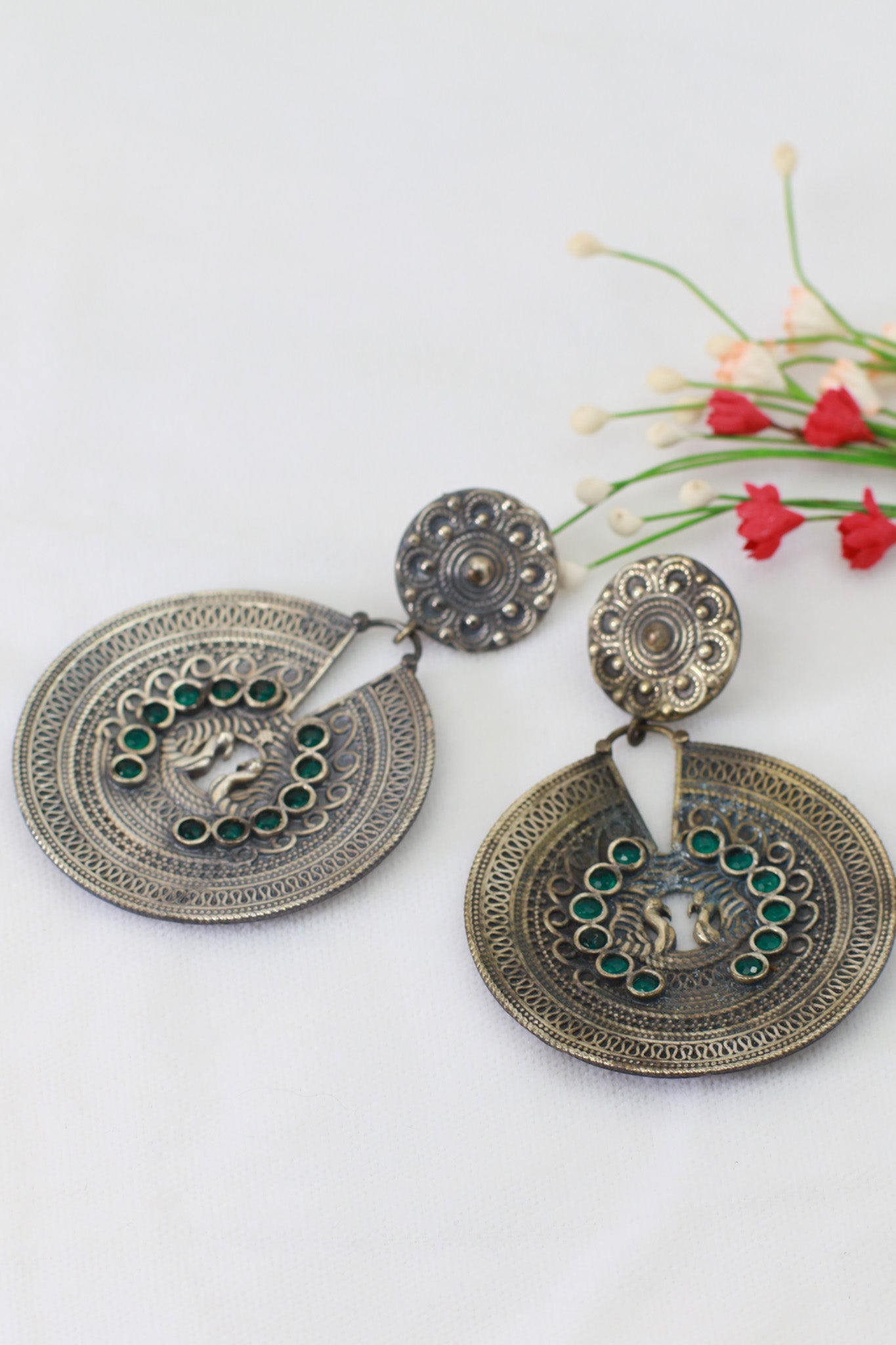 Twin Peacock Coin Disc Earrings with Green Accents | Oxidised German Silver