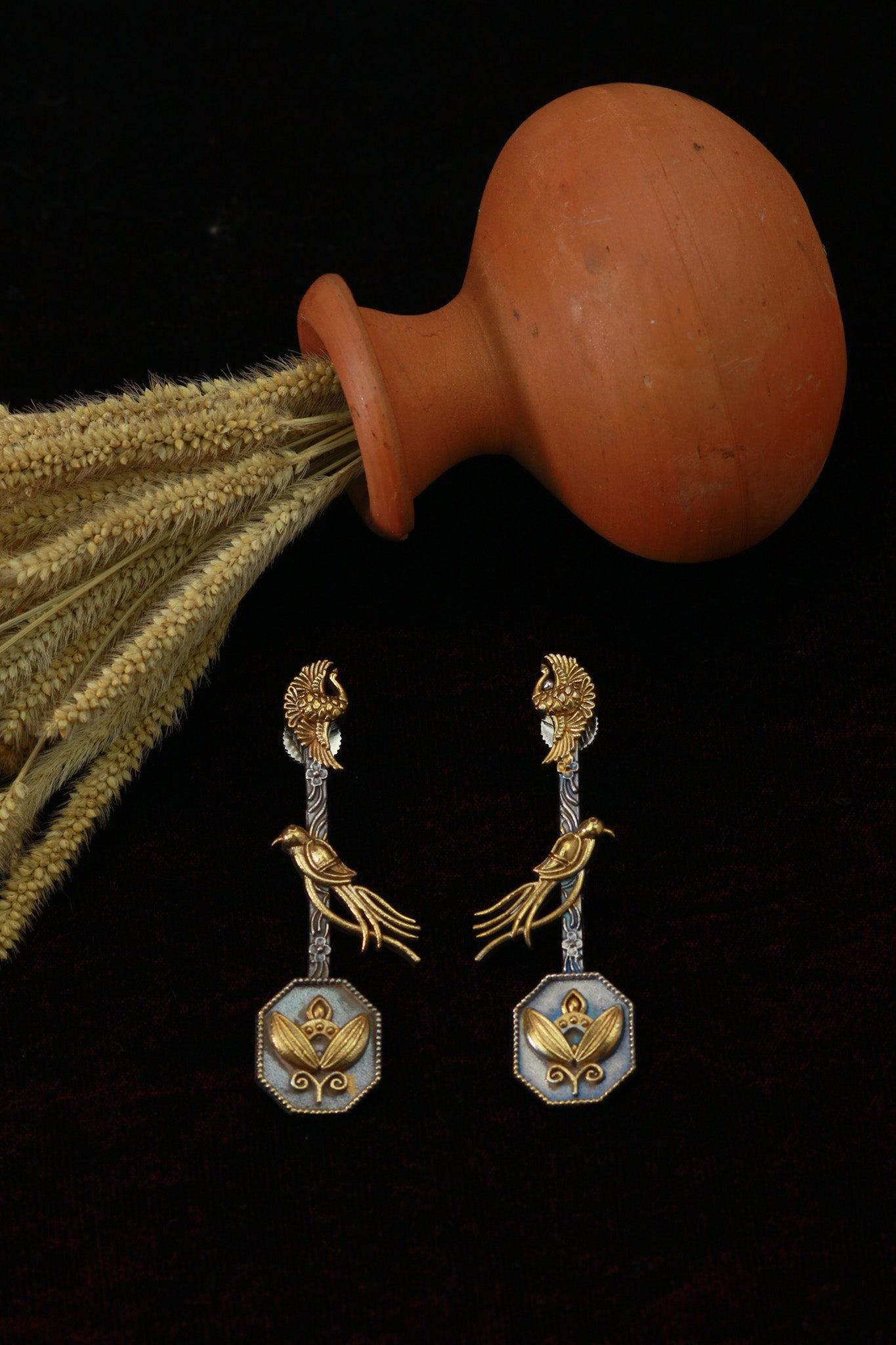 Long Bird Drop German Silver Earrings – Antique Dual Tone Finish