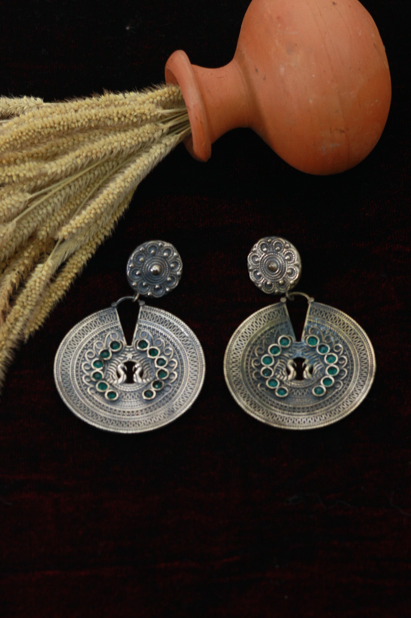 Twin Peacock Coin Disc Earrings with Green Accents | Oxidised German Silver