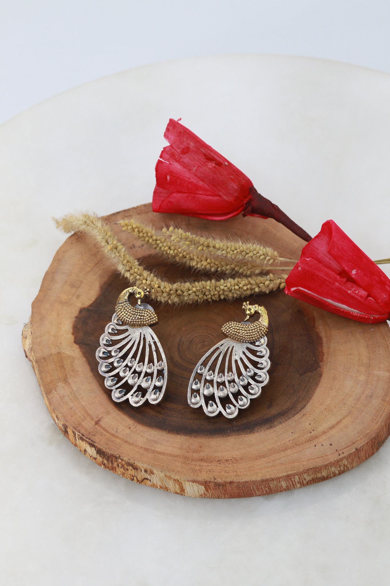 Antique Peacock Oxidised German Silver Stud Earrings – Dual Tone