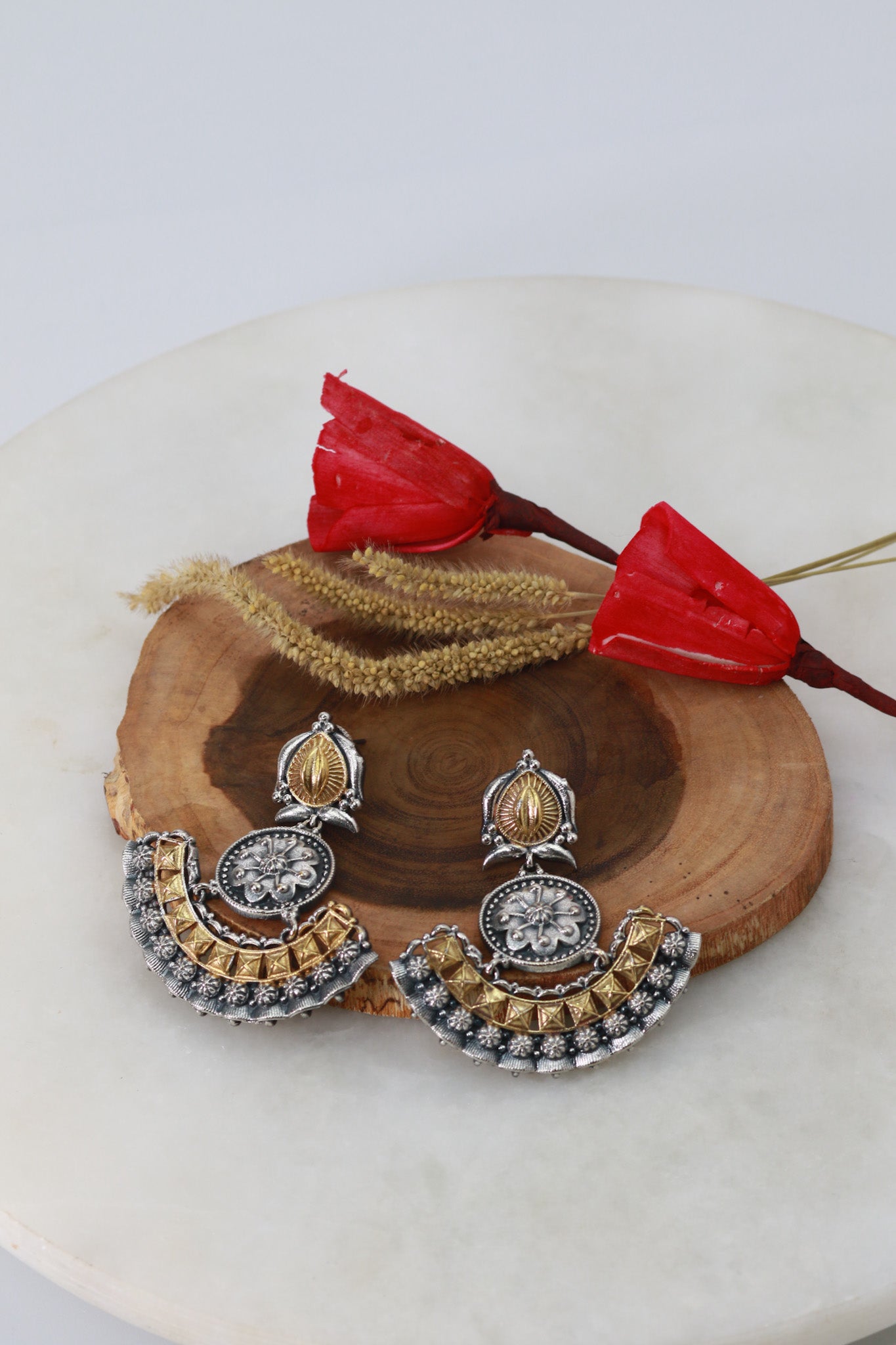 Crescent Shaped Floral German Silver Earrings – Antique Oxidised Dual Tone