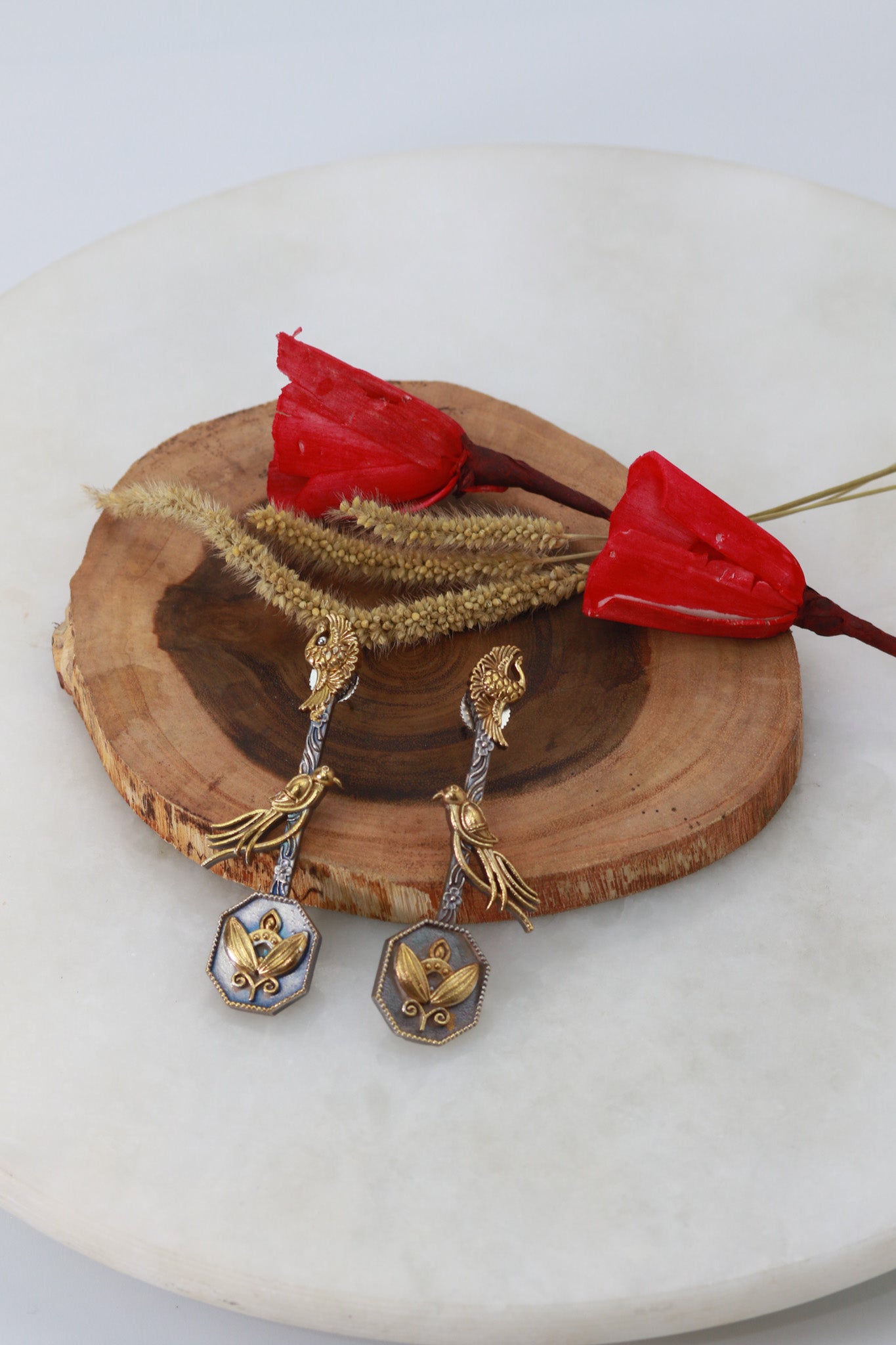 Long Bird Drop German Silver Earrings – Antique Dual Tone Finish