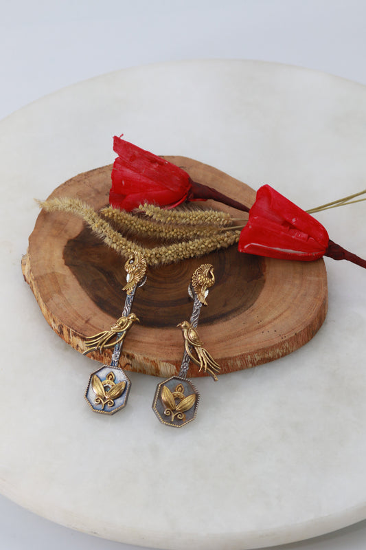 Long Bird Drop German Silver Earrings – Antique Dual Tone Finish