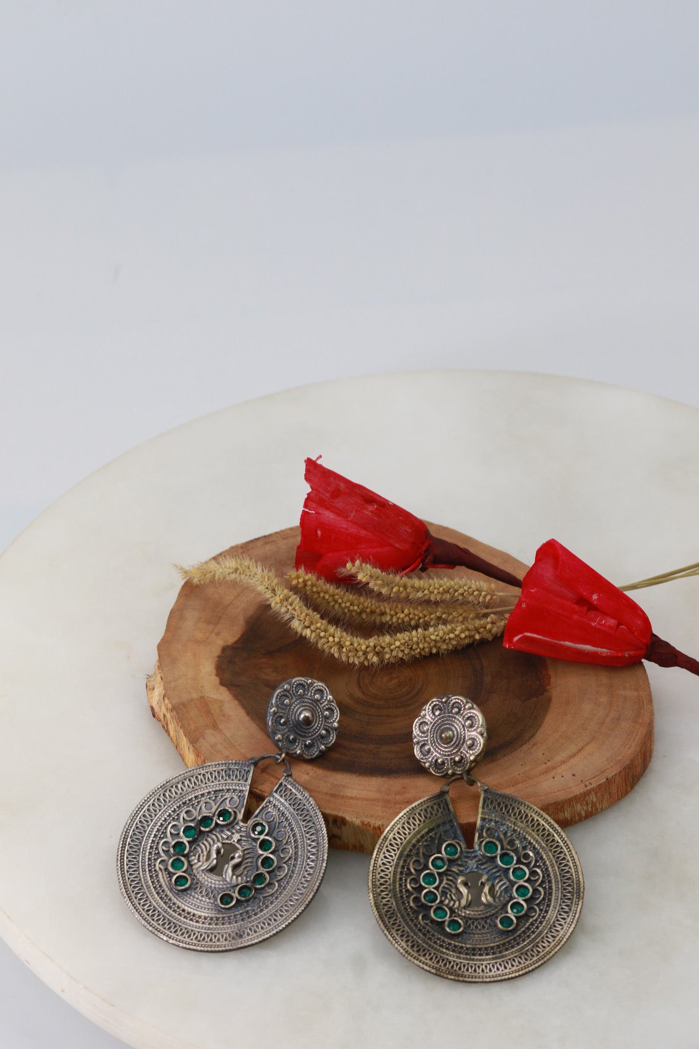 Twin Peacock Coin Disc Earrings with Green Accents | Oxidised German Silver