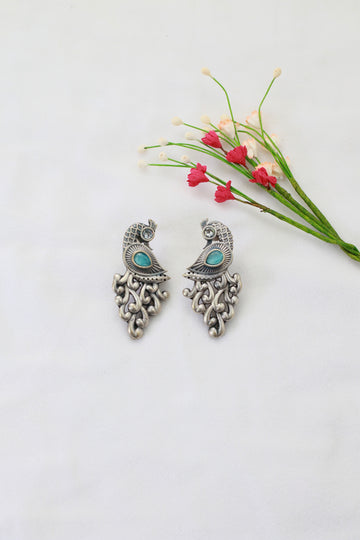 Peacock Design Oxidised German Silver Earrings with Green Monalisa Stone