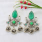 Green Monalisa Stone Fish Motif Oxidised German Silver Earrings with Jhumka Drops