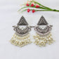 Boat Shape Oxidised German Silver Earrings with Pearl Tassels – Antique Design
