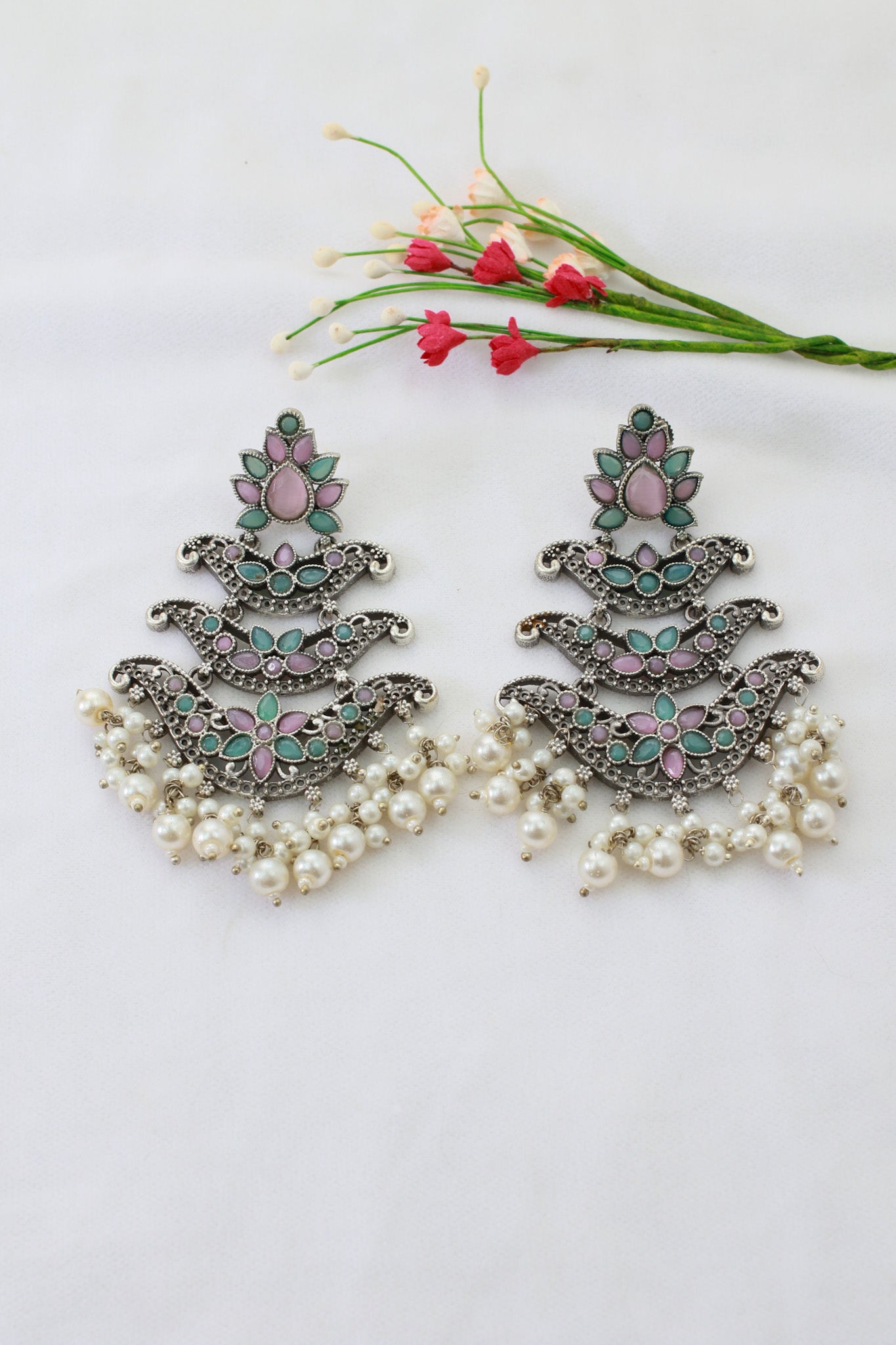 Layered Chandbali Oxidised German Silver Earrings with Pink & Green Monalisa Stones and Pearls