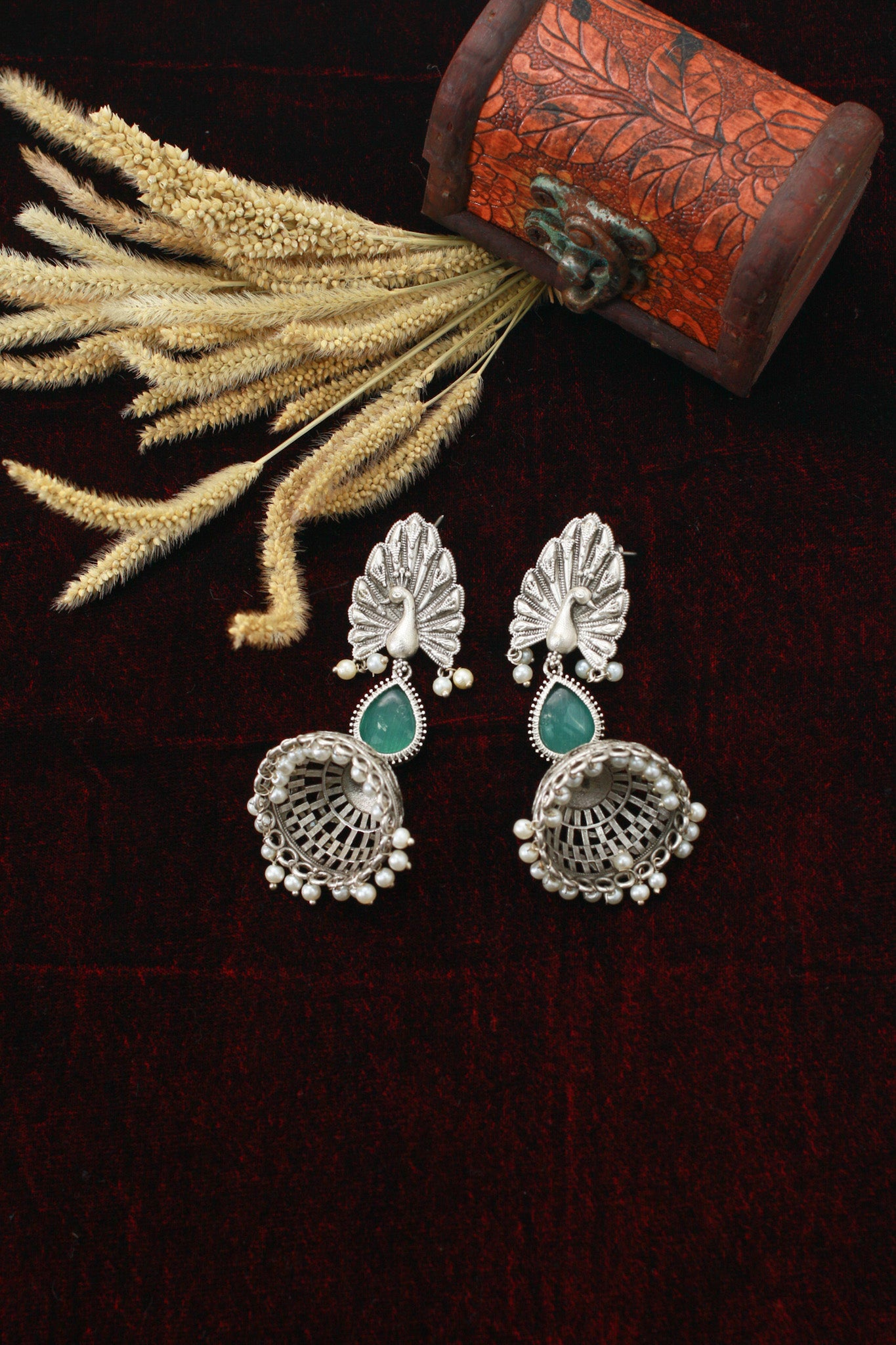 Peacock Top Jhumka with Green Monalisa Teardrop | Oxidised German Silver
