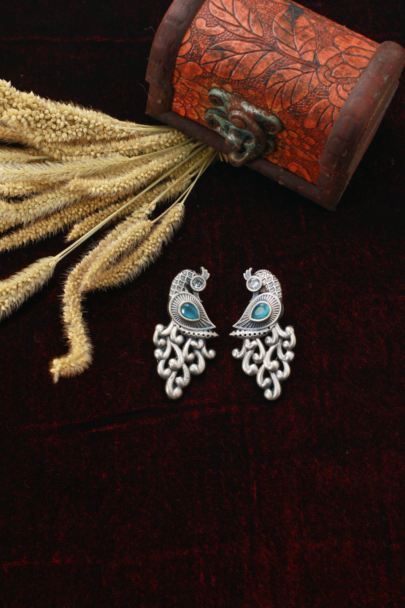 Peacock Design Oxidised German Silver Earrings with Green Monalisa Stone